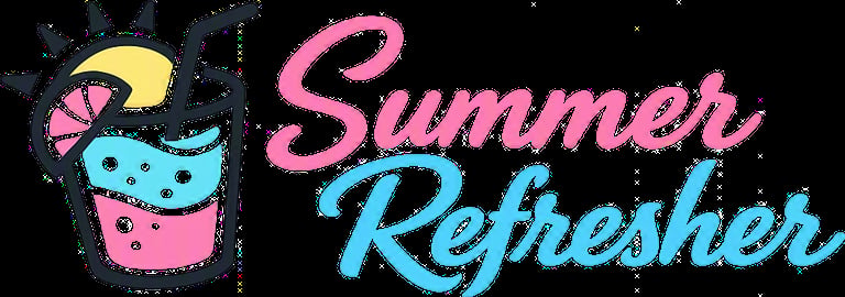 Summer Refresher logo with colorful text and iced drink illustration
