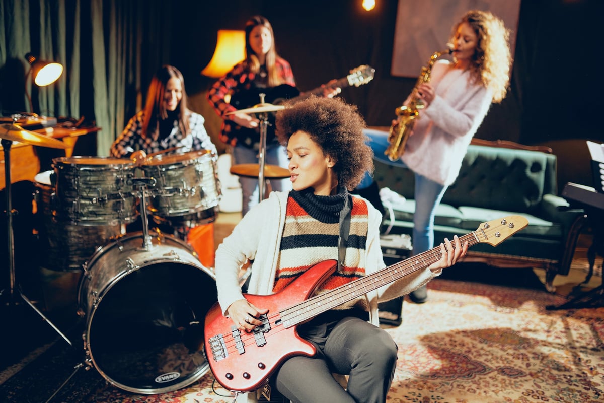 Kids band rehearsal — bass, guitar, saxophone and drums