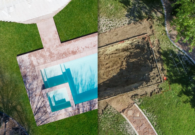 Aerial view of landscaping and pool build construction