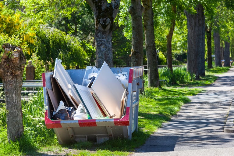 Skip with renovation waste under trees