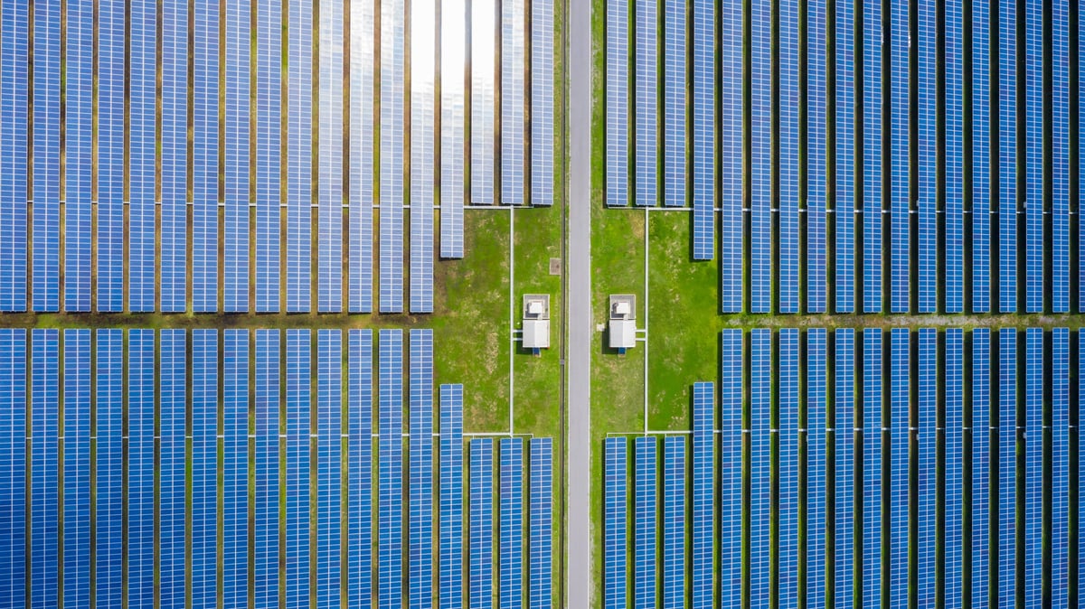 Aerial view of a utility-scale solar energy farm