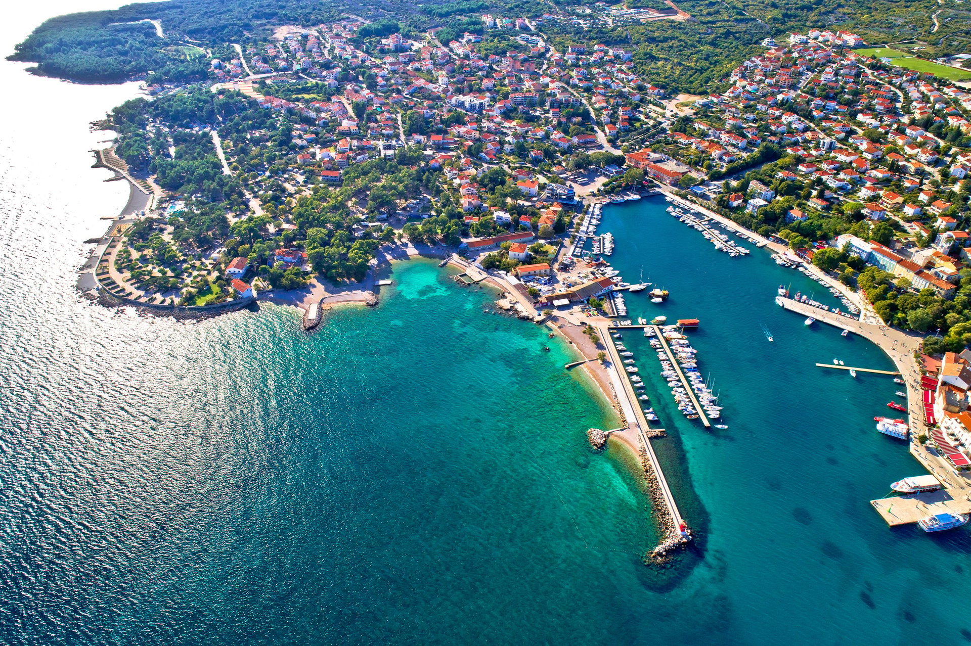 Krk idyllic Adriatic island town of Krk aerial view, Kvarner bay of Croatia