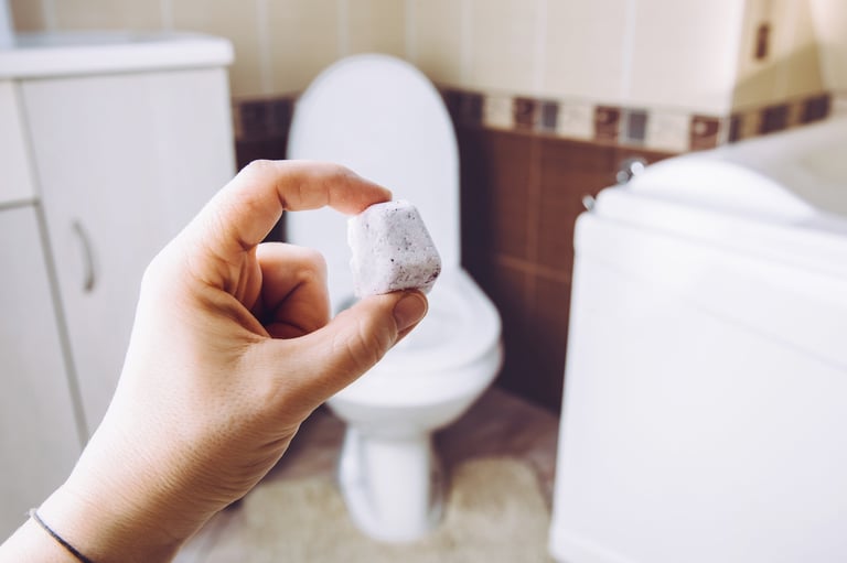 Toilet cleaning tablet being dropped into the tank