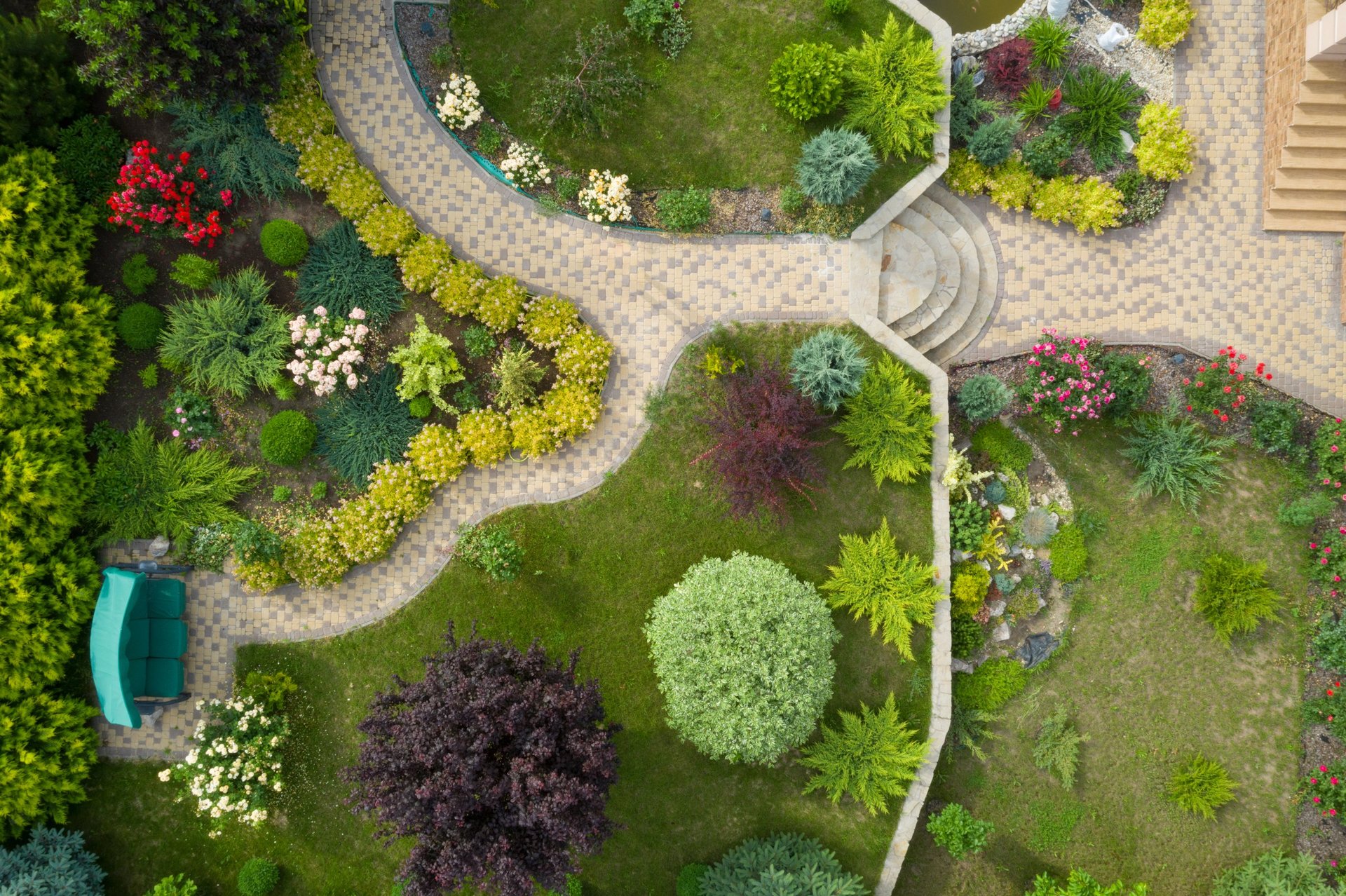 Aerial view of garden with walkways
