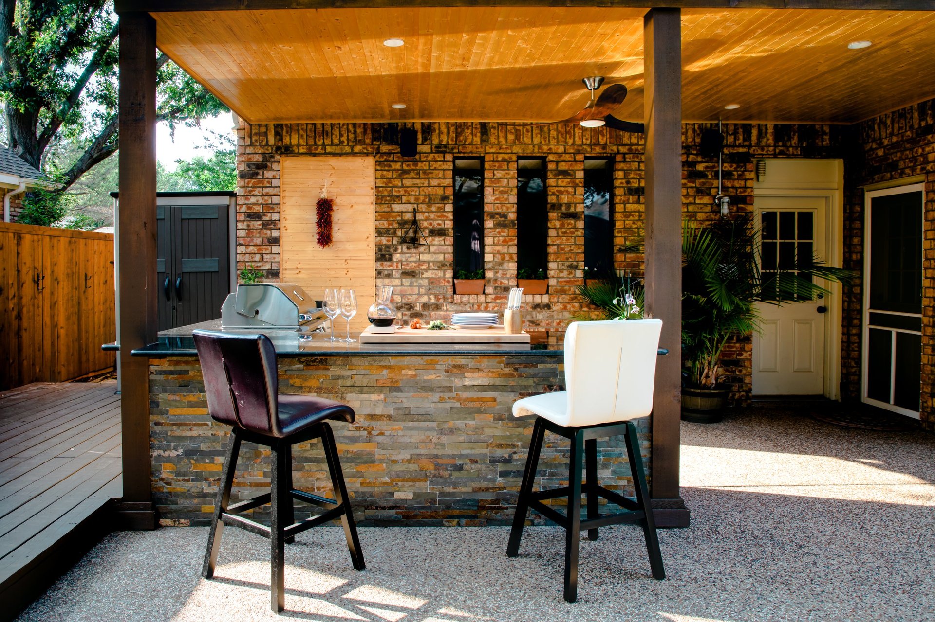 Modern outdoor kitchen on a sunny summer evening