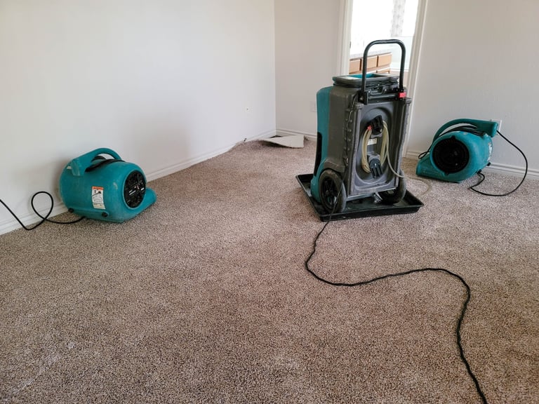 Professional air movers and dehumidifier drying a water-damaged home