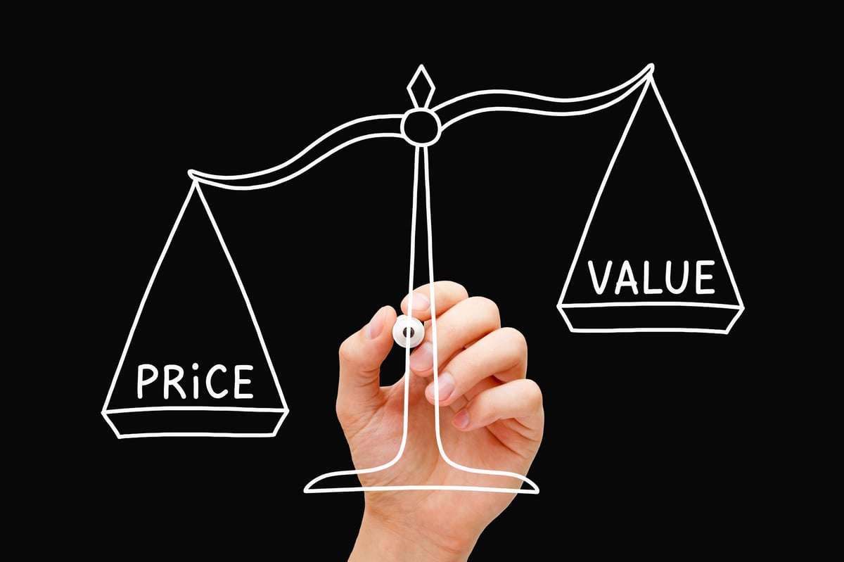 Price versus value scale concept illustrating cost versus long-term business value