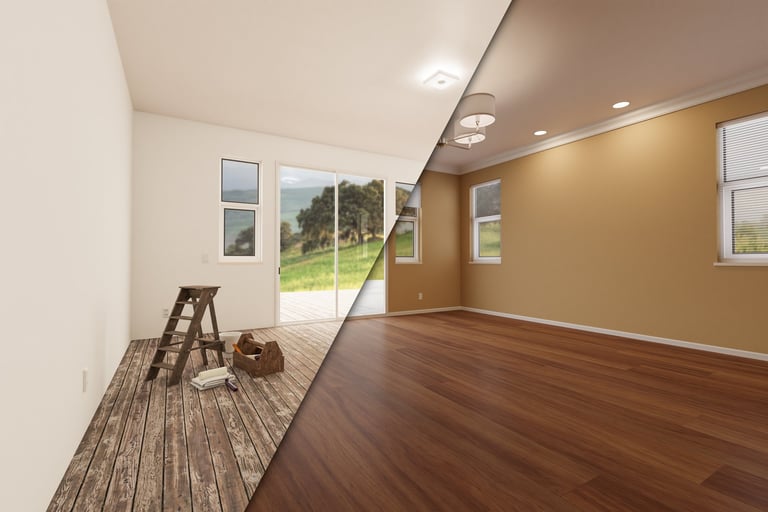 Unfinished raw room transformed into newly remodeled space with wood floors, moulding, and fresh tan paint