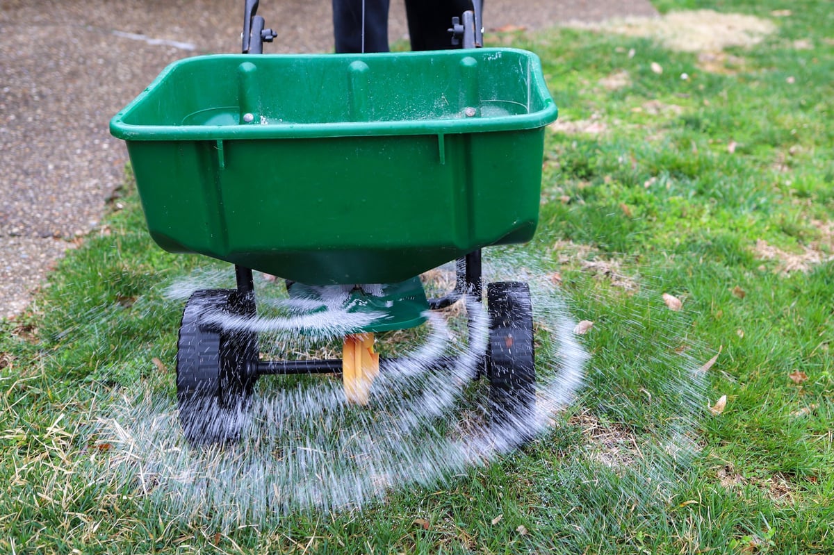 Fertilizer spreader on lawn
