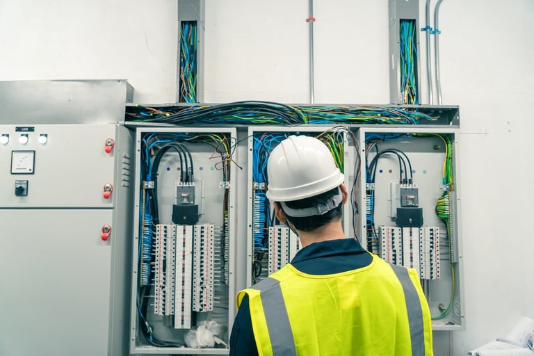 Electrician working at an electrical panel room