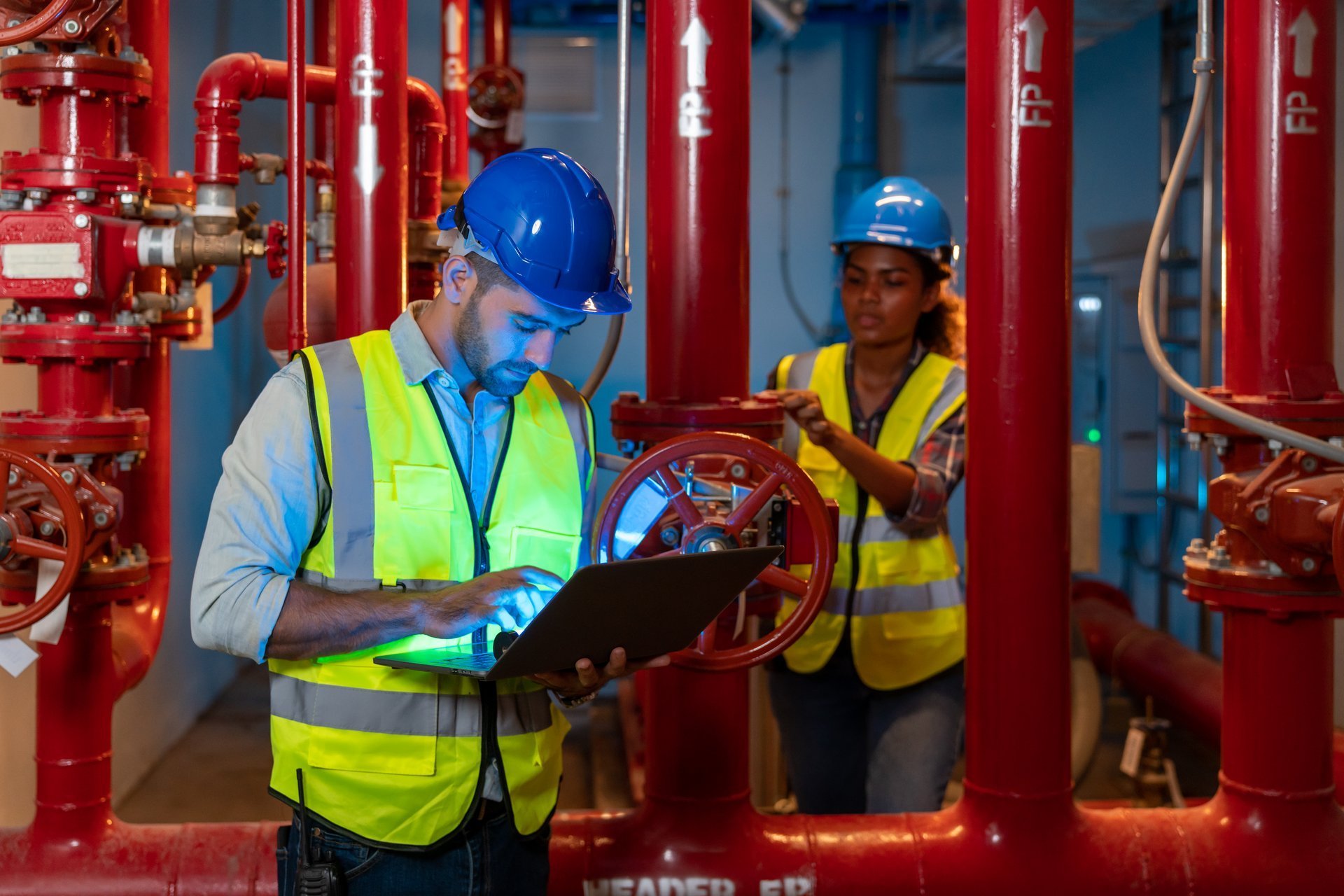 Technician working on commercial fire protection equipment