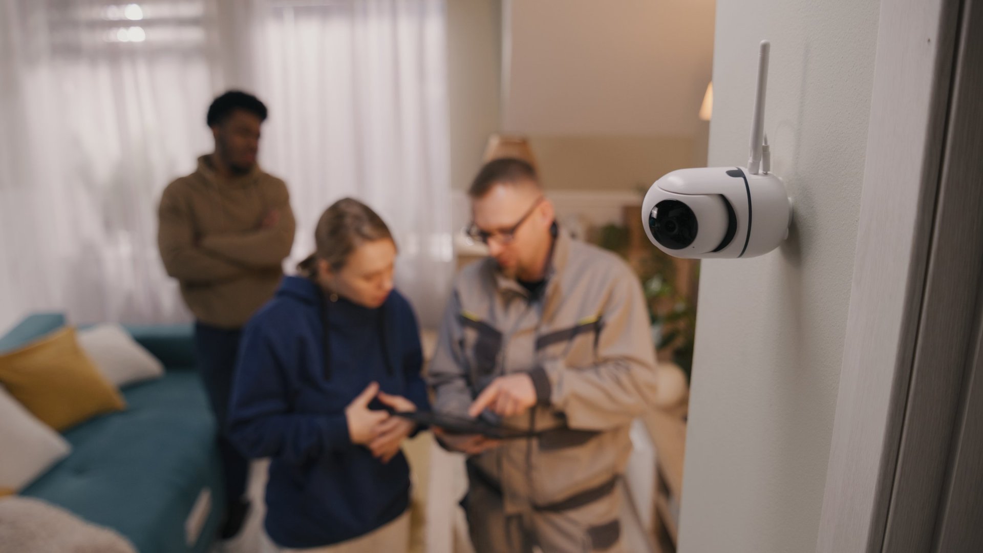 Security installer setting up a surveillance camera using a digital tablet in Melbourne