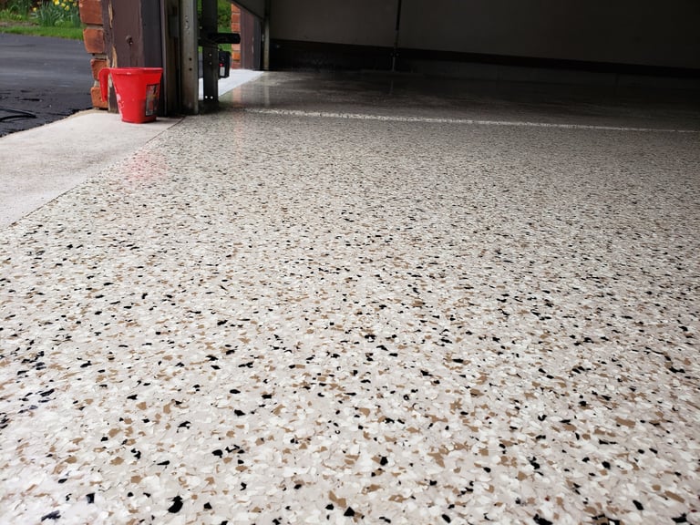 Flake coating system on garage floor