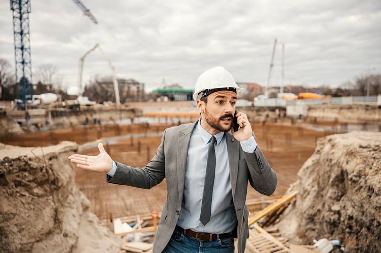 Angry contractor on phone arguing about delays and missed opportunities on a construction site