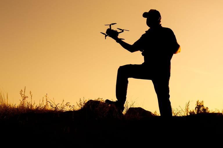 Videographer holding drone at golden hour ready for aerial shoot
