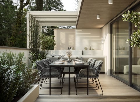 Modern home terrace with luxury outdoor furniture and built-in barbeque