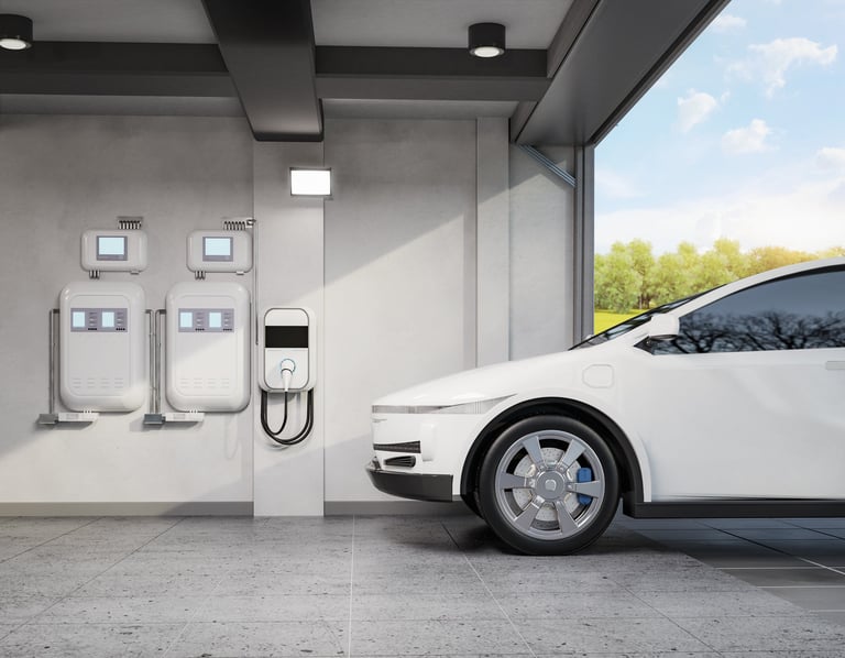 3D rendering of EV wall charger with electric car in home garage — Dylco Electric EV charger installation in Westfield, IN