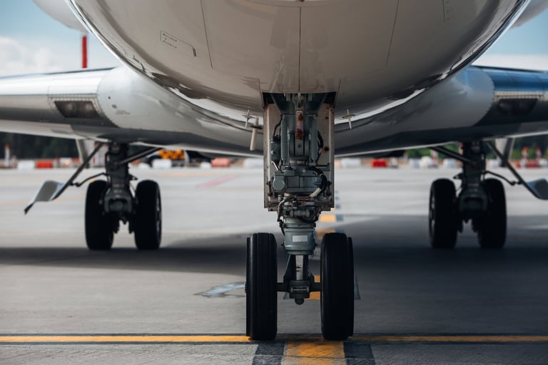Aircraft landing gear standing at airport for maintenance