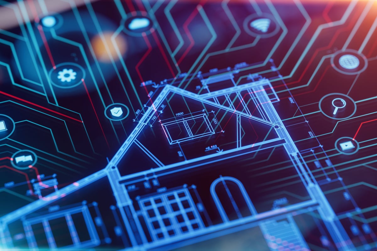 Blueprint of a building overlaid with smart technology icons