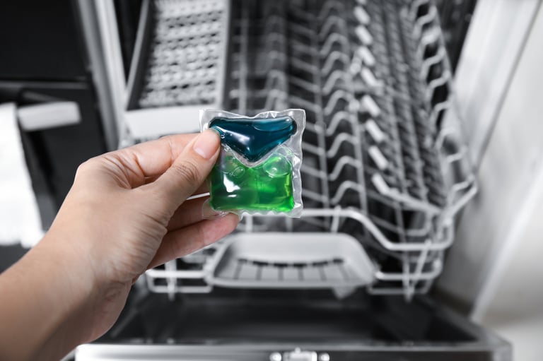 Cascade Complete dishwasher detergent pod going into dishwasher