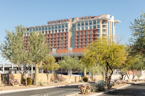 Talking Stick Resort and Casino in Scottsdale Arizona with luxury entrance at twilight