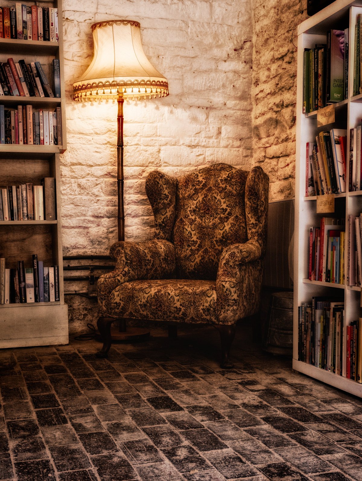 An comfortable arm chair amongst reading books in a second-hand bookshop.