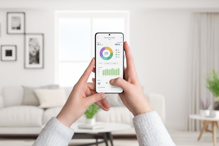 Woman holding a smartphone with a smart home electricity usage app, monitoring and analyzing energy consumption for her home
