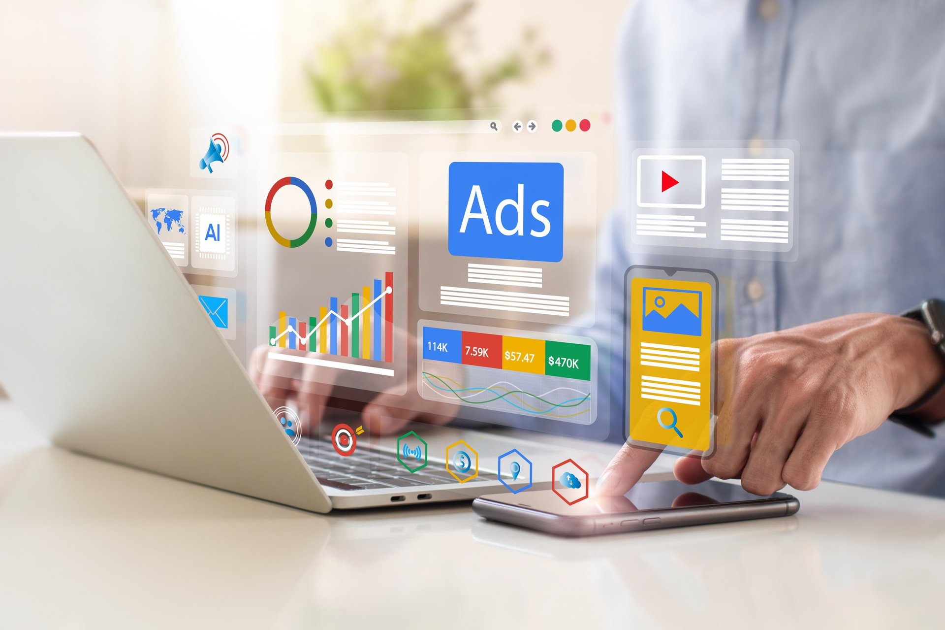 Digital marketing dashboard showing online advertisement and social media campaign performance
