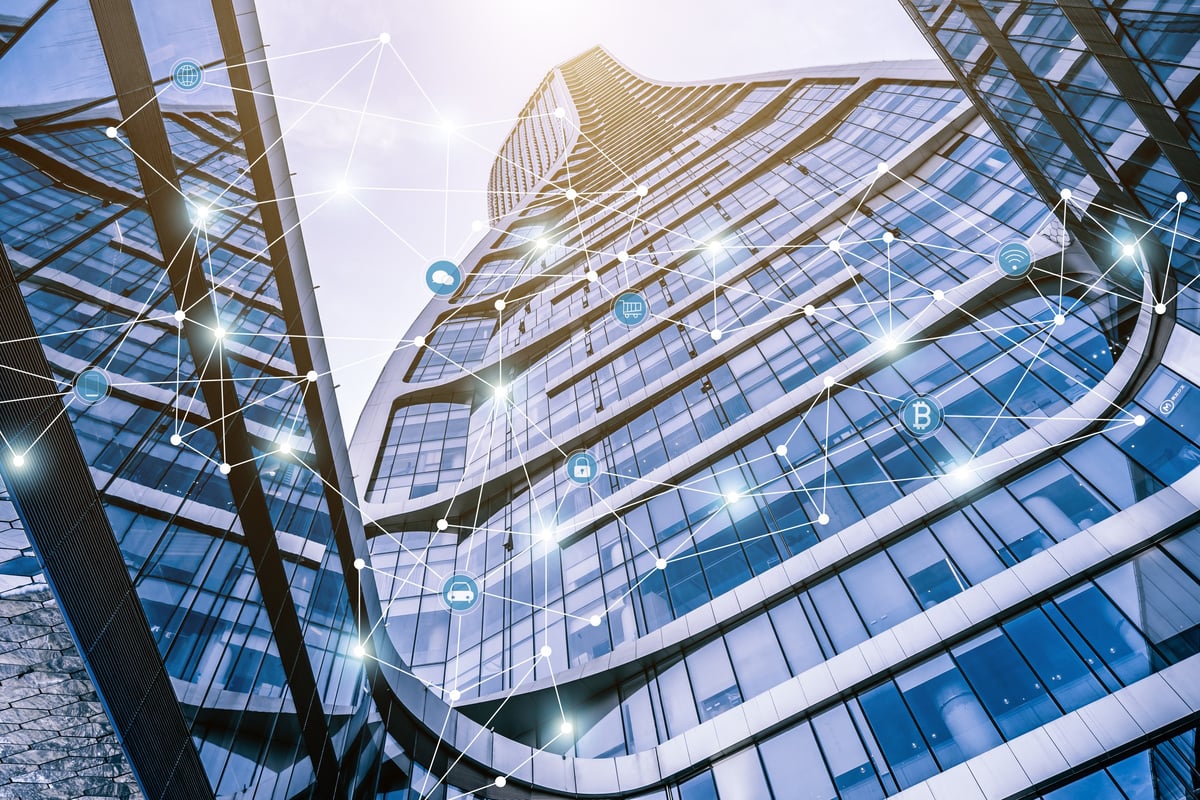 Urban commercial office buildings connected by technology