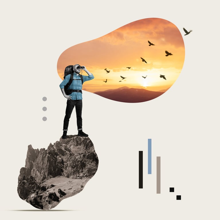 Traveler looking through binoculars on a mountain peak