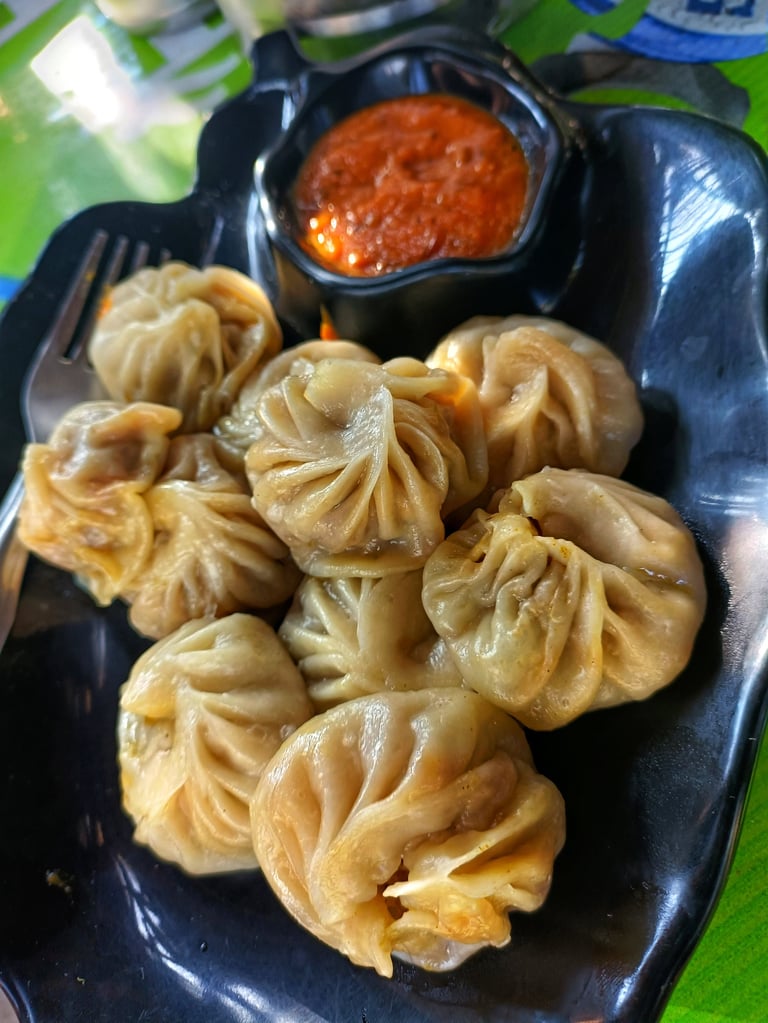 Steaming momos fresh from the kitchen