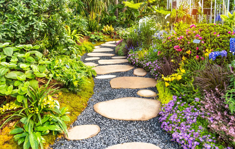 Beautiful garden pathway through lush planting