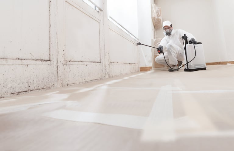 Professional worker spraying products to remove mold