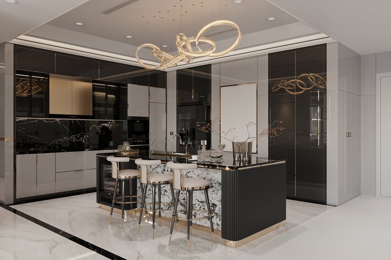 Modern luxury kitchen interior with island and pendant lighting