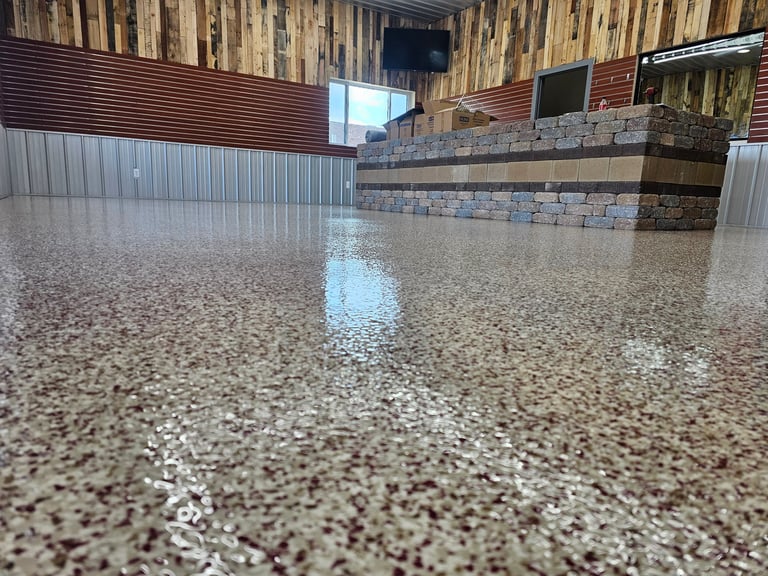 Epoxy full flake broadcast system for commercial business space