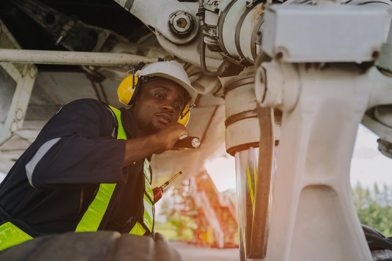 Mechanics inspecting aircraft engines on airport tarmac