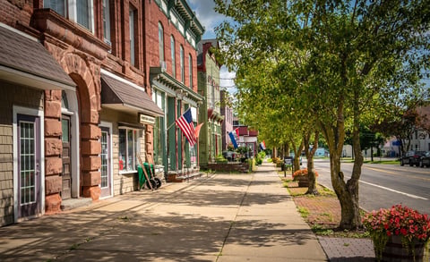 Main street U.S.A. store fronts on a summer day in a small historic Texas town