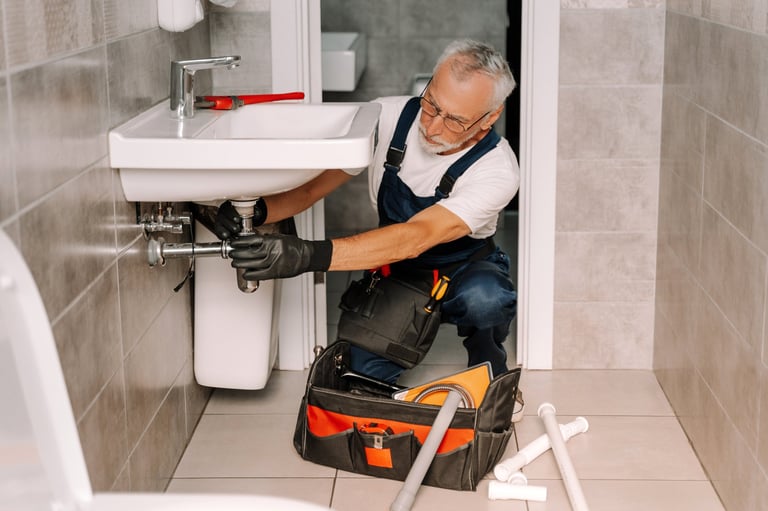 Plumber working under a sink