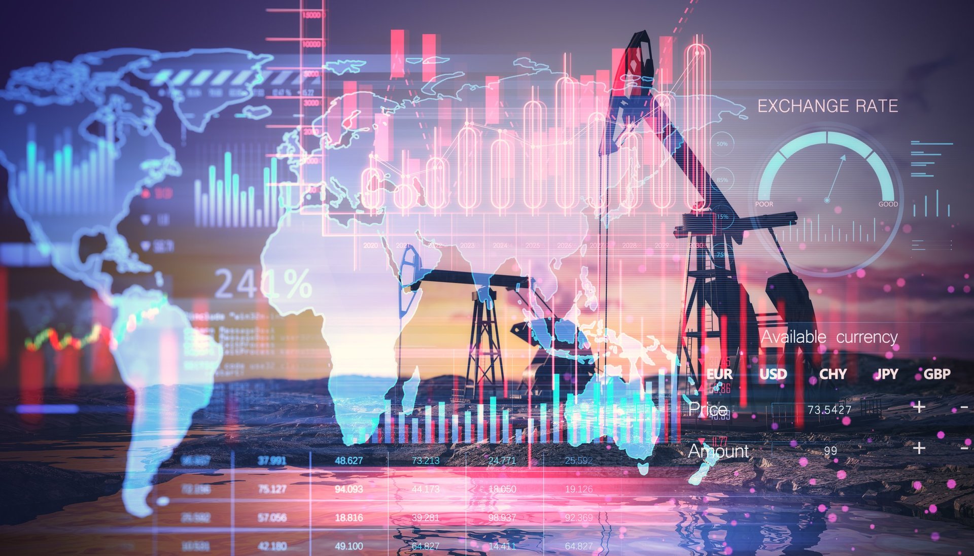 Oil rig with financial charts