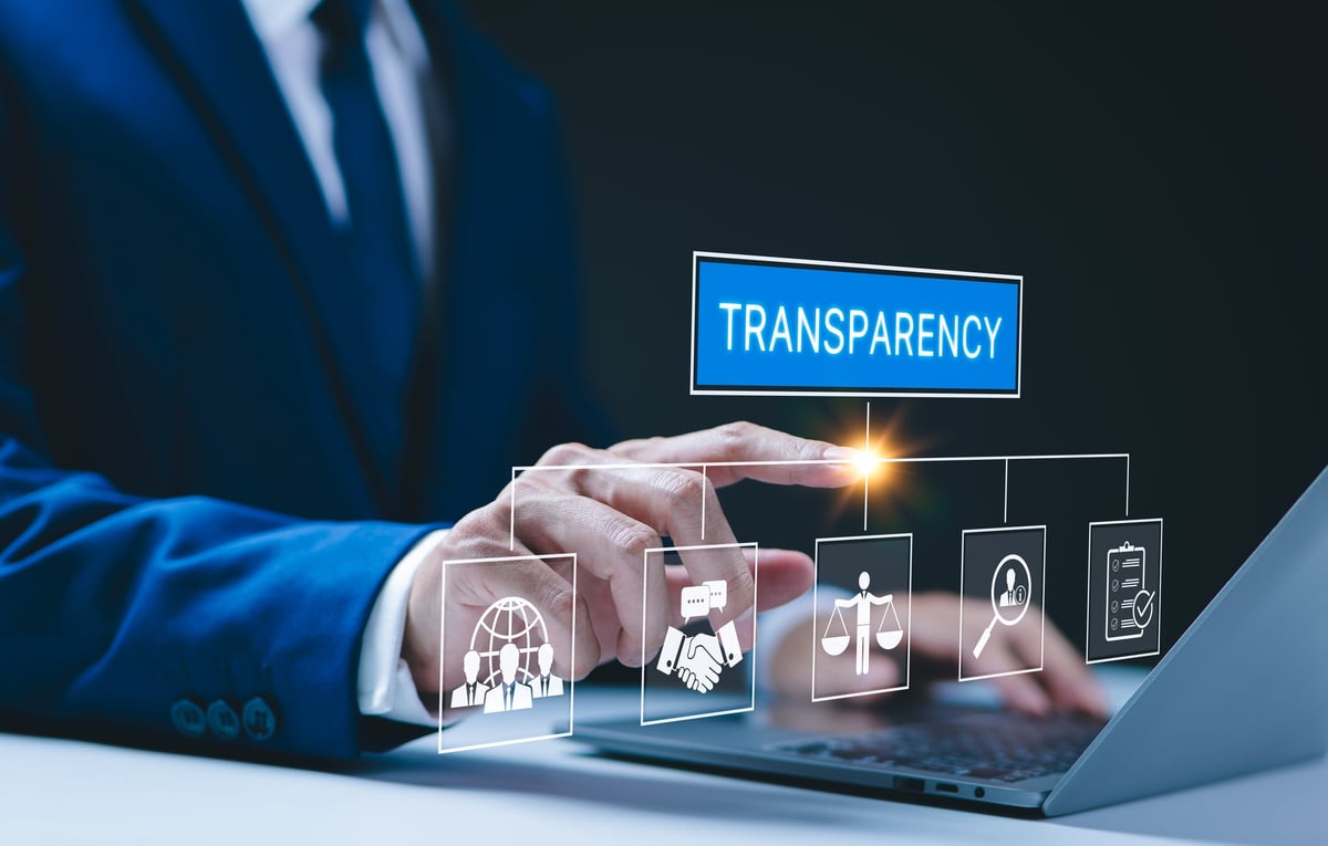 Business transparency and accountability concept — businessman touching virtual interface with transparency related icons