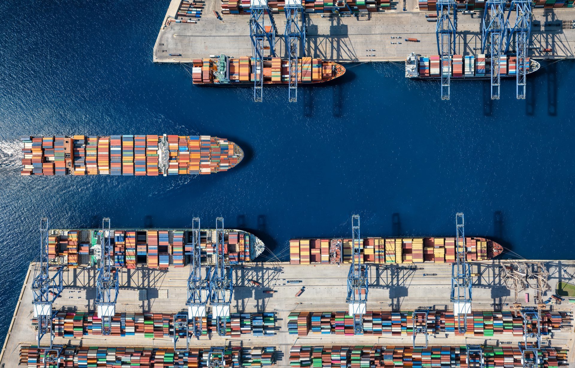 Aerial view of container cargo ship terminal