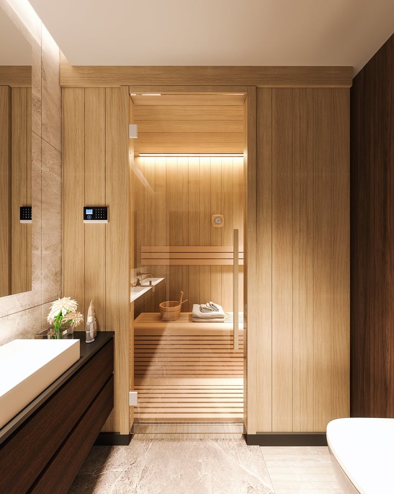 Luxury modern bathroom with integrated sauna and spa — home wellness and recovery design