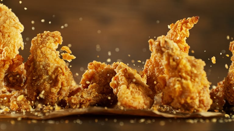 Freeze motion of flying pieces of fried chicken
