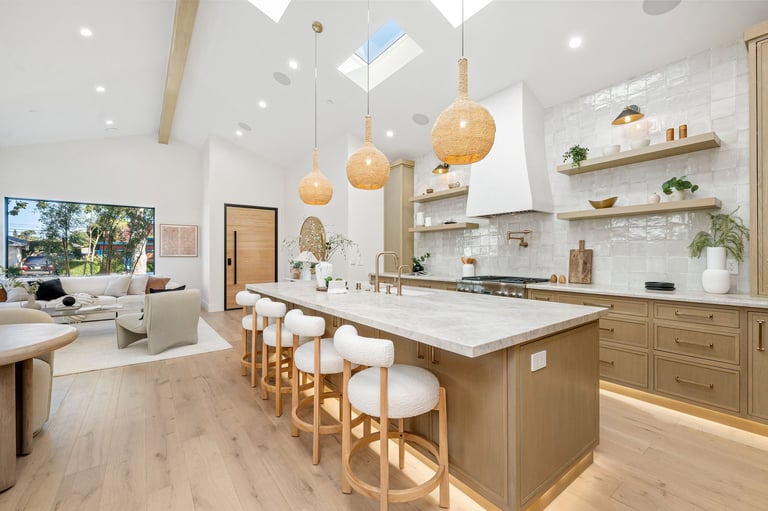 Sparkling clean modern kitchen with wooden cabinets and island, after professional cleaning