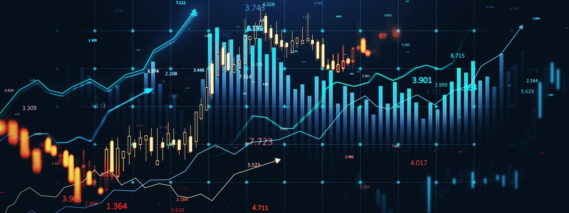 Financial data charts with glowing trading graphs on dark blue background