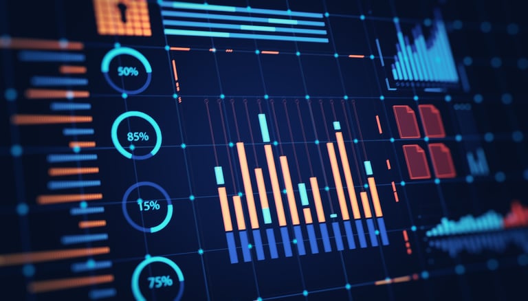 Financial data interface with bar charts and graphs on digital background