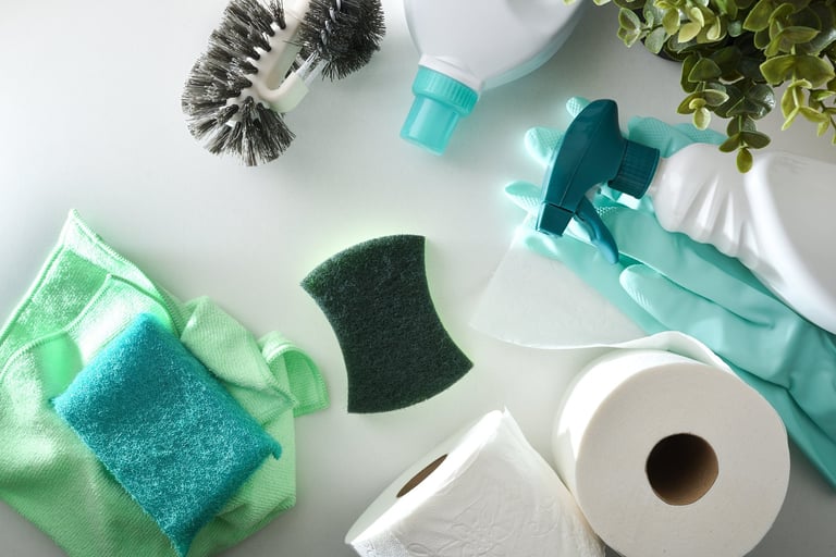 Bathroom cleaning supplies — disinfectant bottles, scouring pads, gloves, and toilet brush