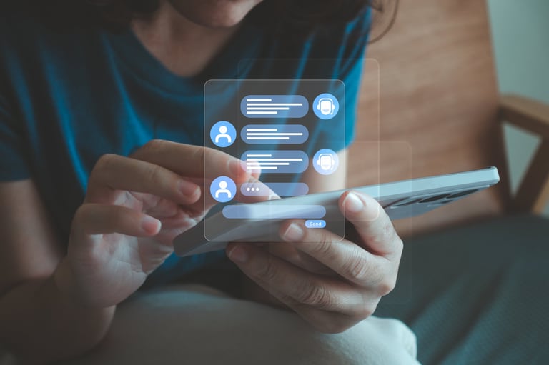 AI Chatbot conversation assistant with woman using online customer service chat bot for automated support and answering