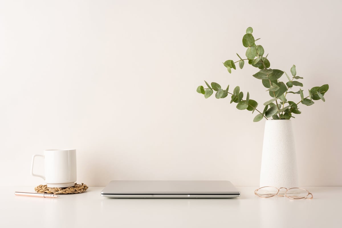 Minimal desk setup with laptop and coffee