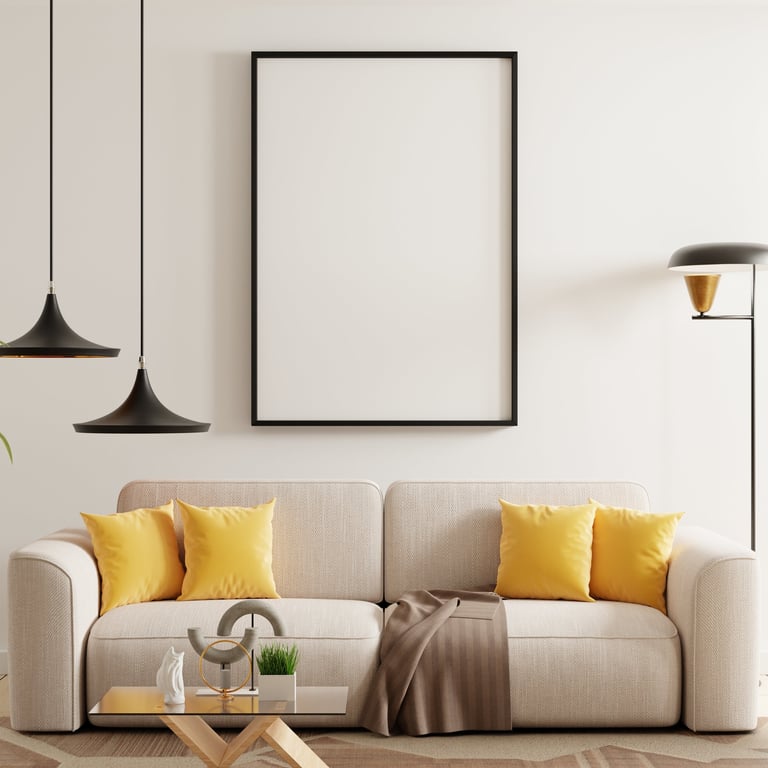 Frame mockup on freshly painted modern living room wall